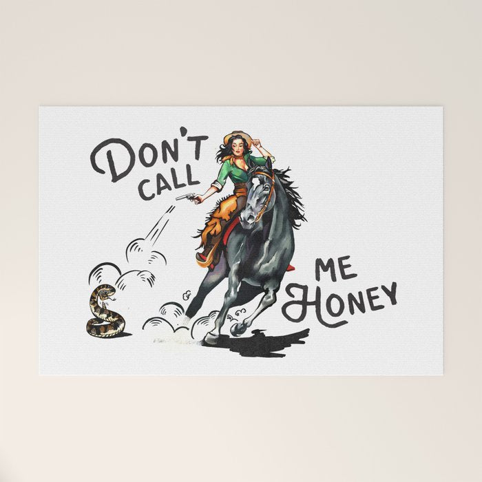 "Don't Call Me Honey" Cowgirl On Horseback Shooting a Rattlesnake Welcome Mat Gallery Image 1