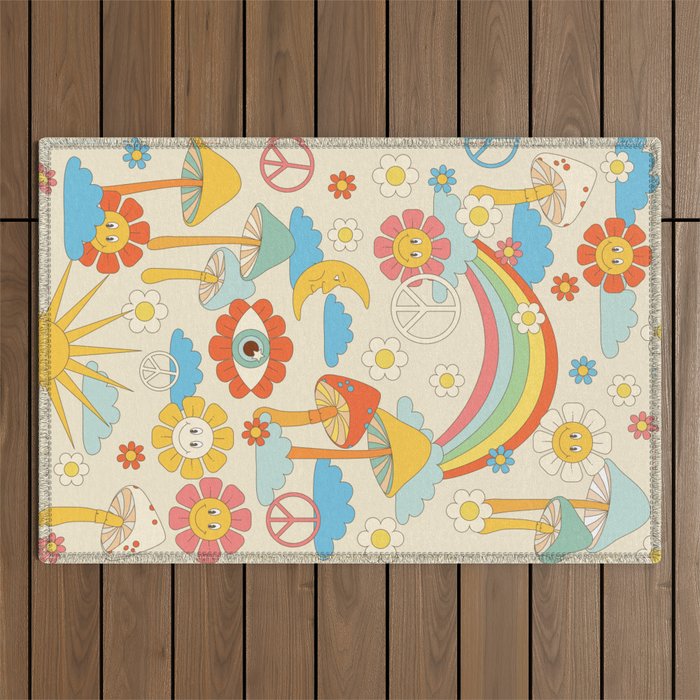 retro fantasy , boho mushroom rainbow trip Outdoor Rug Gallery Image 1
