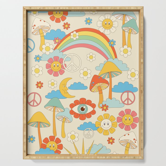 retro fantasy , boho mushroom rainbow trip Serving Tray Gallery Image 1