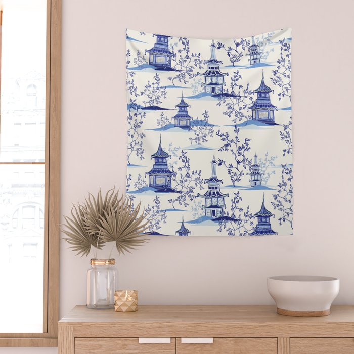 Chinoiserie Pagoda Pattern Wall Tapestry Gallery Image 2