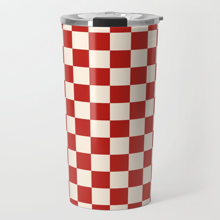 Checkerboard Mini Check Pattern in Retro Red and Cream Travel Mug Gallery Image 1