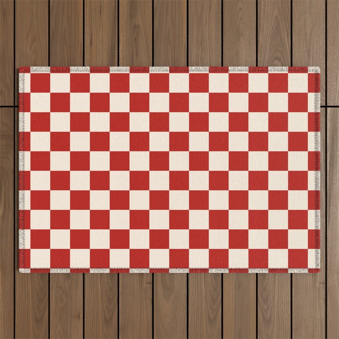 Checkerboard Mini Check Pattern in Retro Red and Cream Outdoor Rug Gallery Image 1
