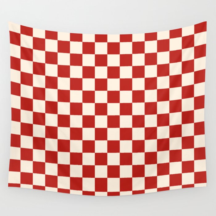 Checkerboard Mini Check Pattern in Retro Red and Cream Wall Tapestry Gallery Image 1