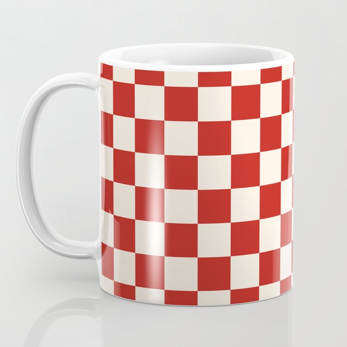 Checkerboard Mini Check Pattern in Retro Red and Cream Coffee Mug Gallery Image 3