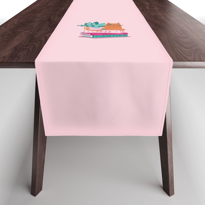 One more chapter // pastel pink background orange tabby cat striped mug with plants fuchsia pink and green books  Table Runner Gallery Image 1