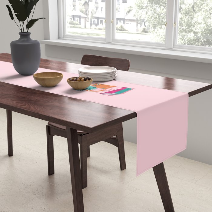 One more chapter // pastel pink background orange tabby cat striped mug with plants fuchsia pink and green books  Table Runner Gallery Image 2