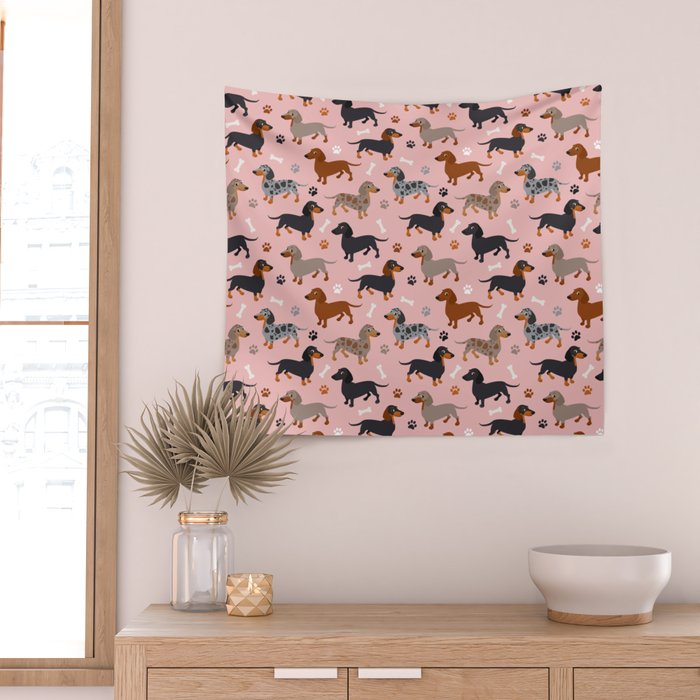 Dachshund Dog Doxie Dogs Pattern Pink Wall Tapestry Gallery Image 2