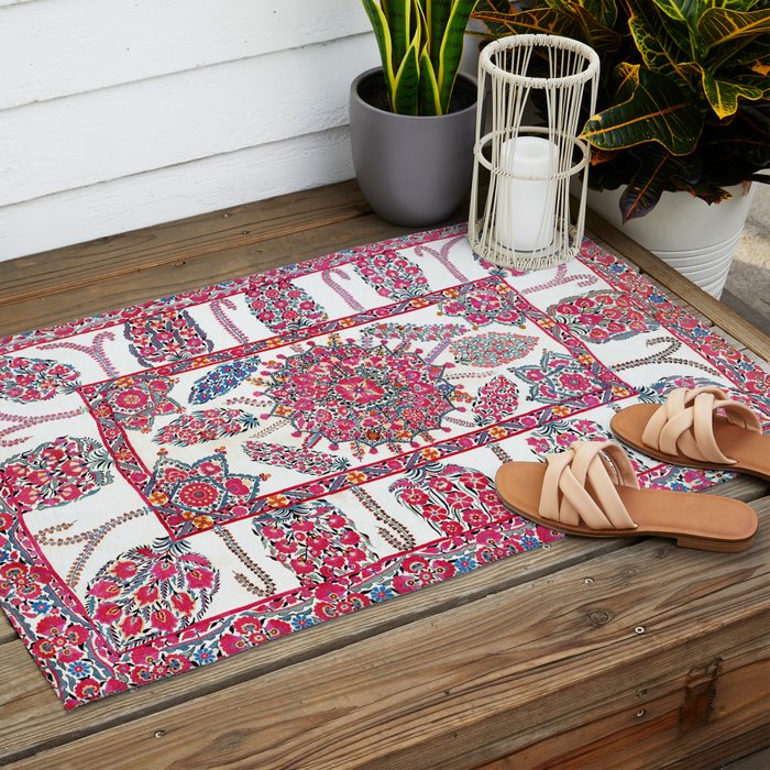 Samarkand Suzani  Antique Uzbekistan Embroidery Print Outdoor Rug Gallery Image 2