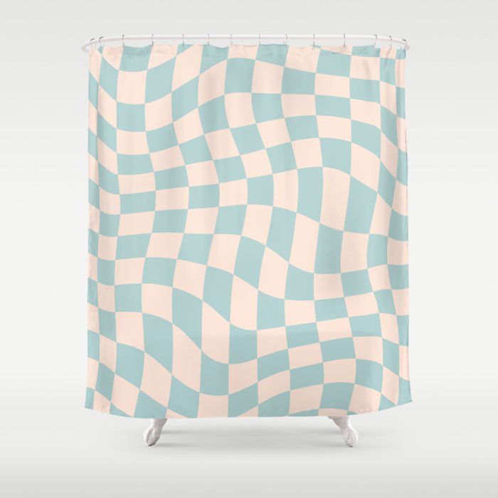 Retro Danish Pastel Light Blue Warped Checkerboard Shower Curtain Gallery Image 1