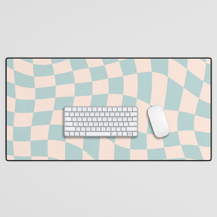 Retro Danish Pastel Light Blue Warped Checkerboard Desk Mat Gallery Image 1