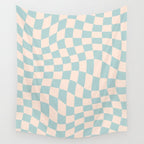 Retro Danish Pastel Light Blue Warped Checkerboard Wall Tapestry Gallery Image 4