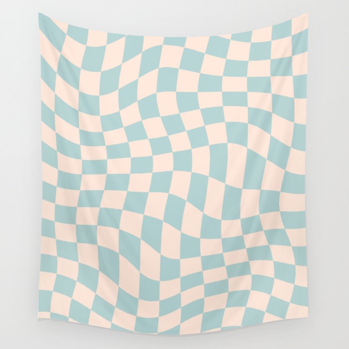Retro Danish Pastel Light Blue Warped Checkerboard Wall Tapestry Gallery Image 4