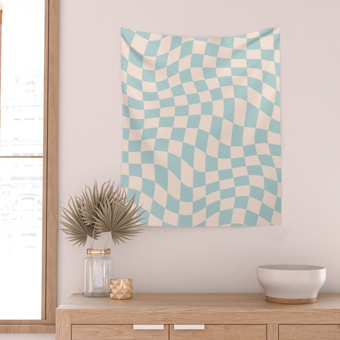 Retro Danish Pastel Light Blue Warped Checkerboard Wall Tapestry Gallery Image 2