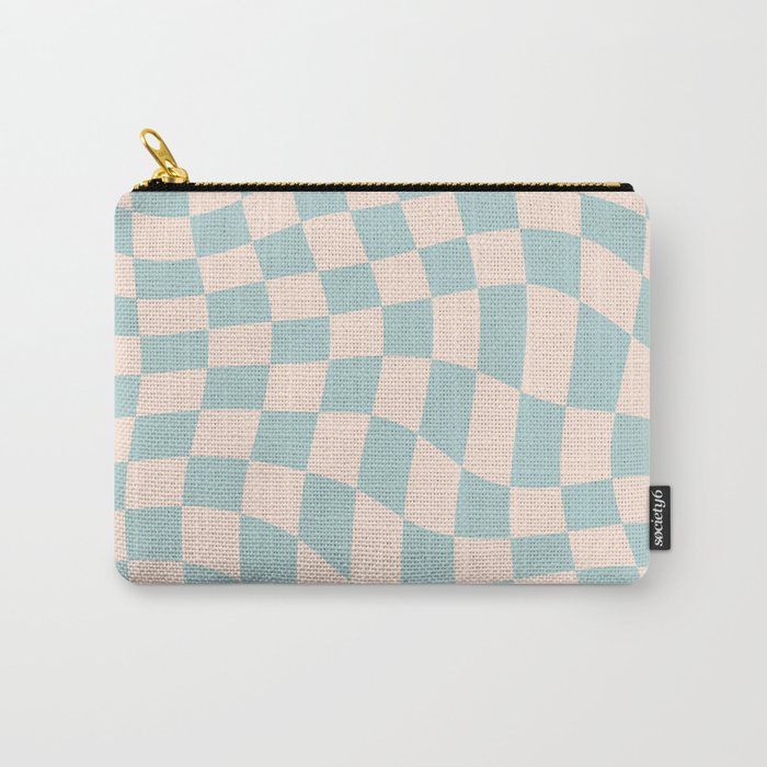 Retro Danish Pastel Light Blue Warped Checkerboard Carry All Pouch Gallery Image 1