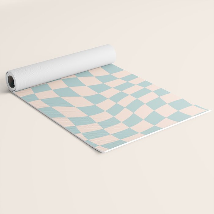Retro Danish Pastel Light Blue Warped Checkerboard Yoga Mat Gallery Image 2