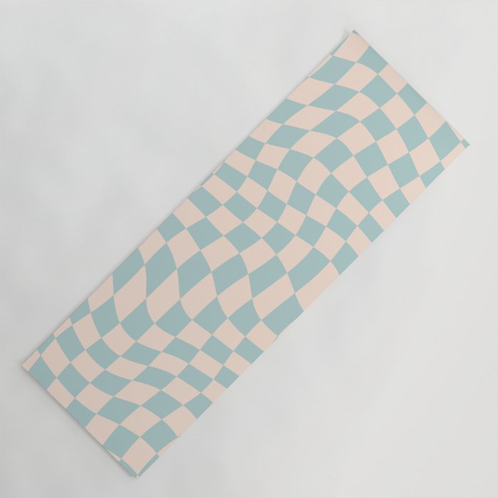 Retro Danish Pastel Light Blue Warped Checkerboard Yoga Mat Gallery Image 1