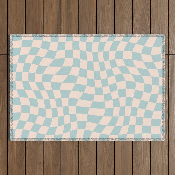 Retro Danish Pastel Light Blue Warped Checkerboard Outdoor Rug Gallery Image 1