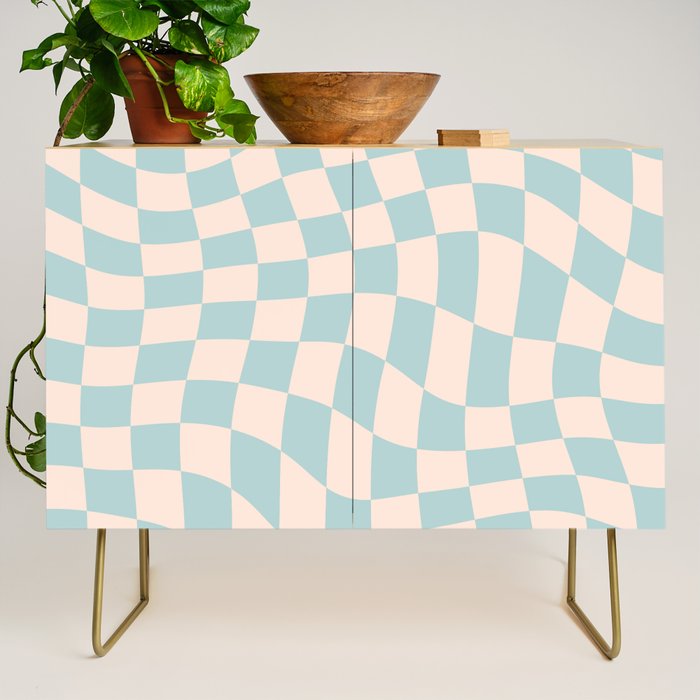 Retro Danish Pastel Light Blue Warped Checkerboard Credenza Gallery Image 1