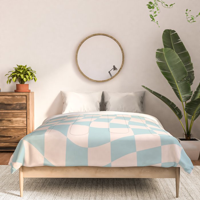 Retro Danish Pastel Light Blue Warped Checkerboard Comforter Gallery Image 3