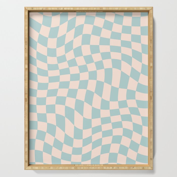 Retro Danish Pastel Light Blue Warped Checkerboard Serving Tray Gallery Image 1