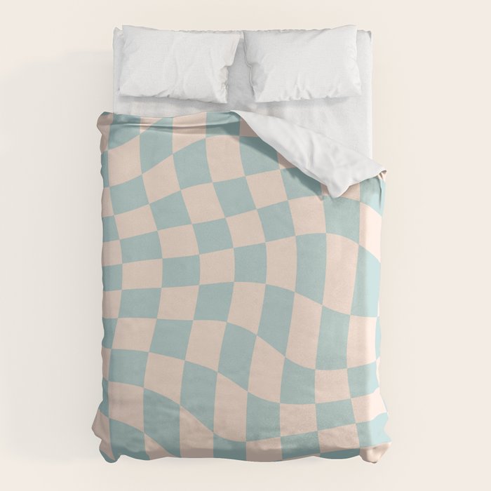 Retro Danish Pastel Light Blue Warped Checkerboard Duvet Cover Gallery Image 6