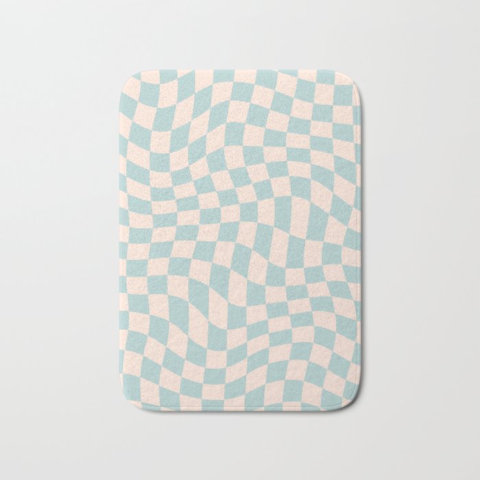 Retro Danish Pastel Light Blue Warped Checkerboard Bath Mat Gallery Image 1