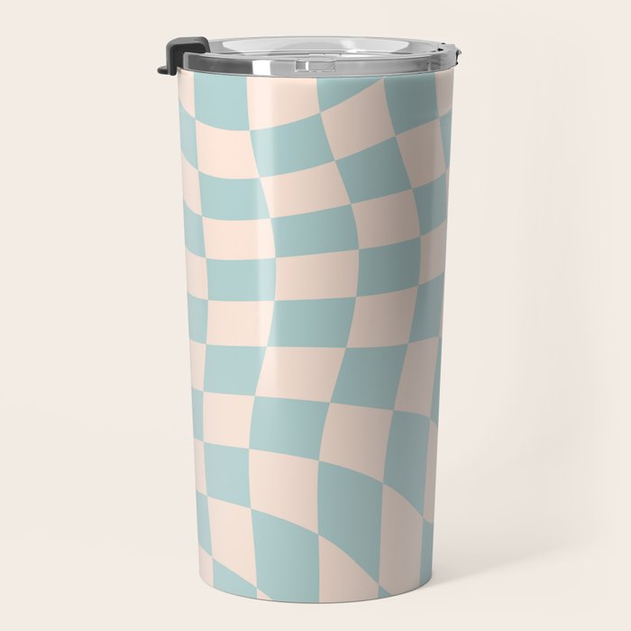 Retro Danish Pastel Light Blue Warped Checkerboard Travel Mug Gallery Image 3