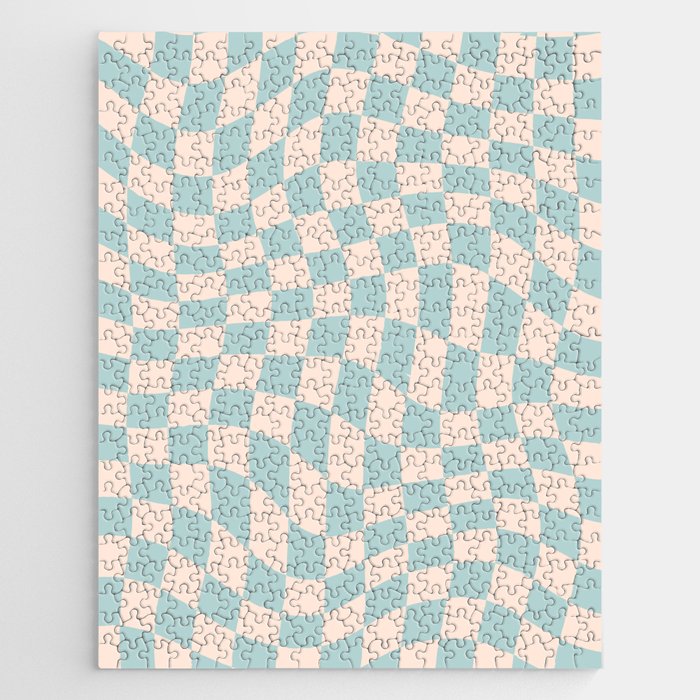 Retro Danish Pastel Light Blue Warped Checkerboard Jigsaw Puzzle Gallery Image 1