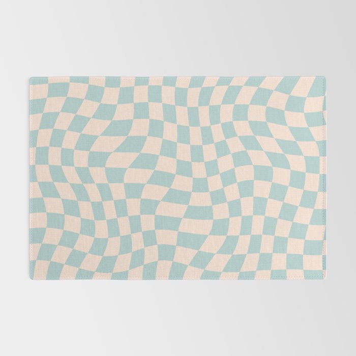 Retro Danish Pastel Light Blue Warped Checkerboard Rug Gallery Image 2