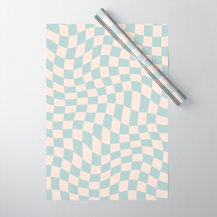 Retro Danish Pastel Light Blue Warped Checkerboard Wrapping Paper Gallery Image 1