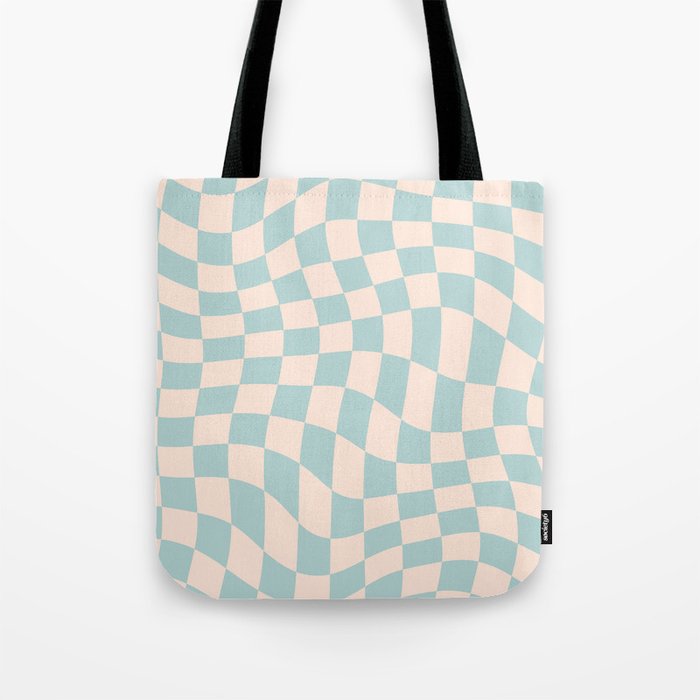 Retro Danish Pastel Light Blue Warped Checkerboard Tote Bag Gallery Image 1