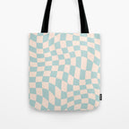 Retro Danish Pastel Light Blue Warped Checkerboard Tote Bag Gallery Image 1