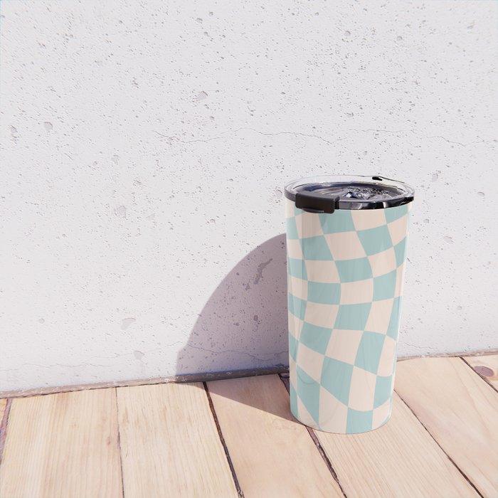 Retro Danish Pastel Light Blue Warped Checkerboard Travel Mug Gallery Image 4