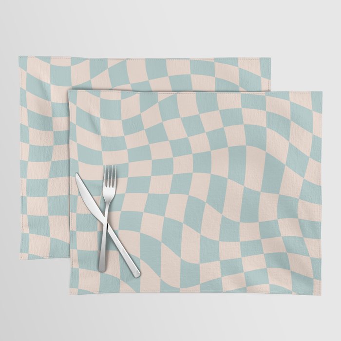 Retro Danish Pastel Light Blue Warped Checkerboard Placemat Gallery Image 1