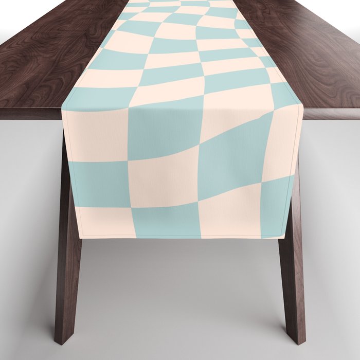 Retro Danish Pastel Light Blue Warped Checkerboard Table Runner Gallery Image 1