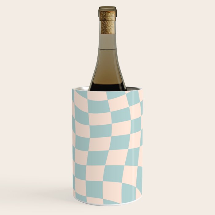 Retro Danish Pastel Light Blue Warped Checkerboard Wine Chiller Gallery Image 2