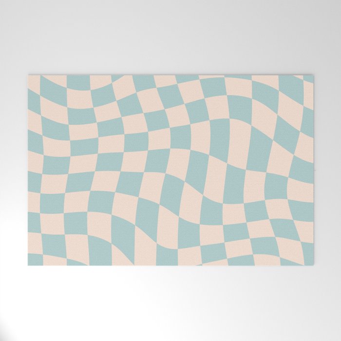 Retro Danish Pastel Light Blue Warped Checkerboard Welcome Mat Gallery Image 1