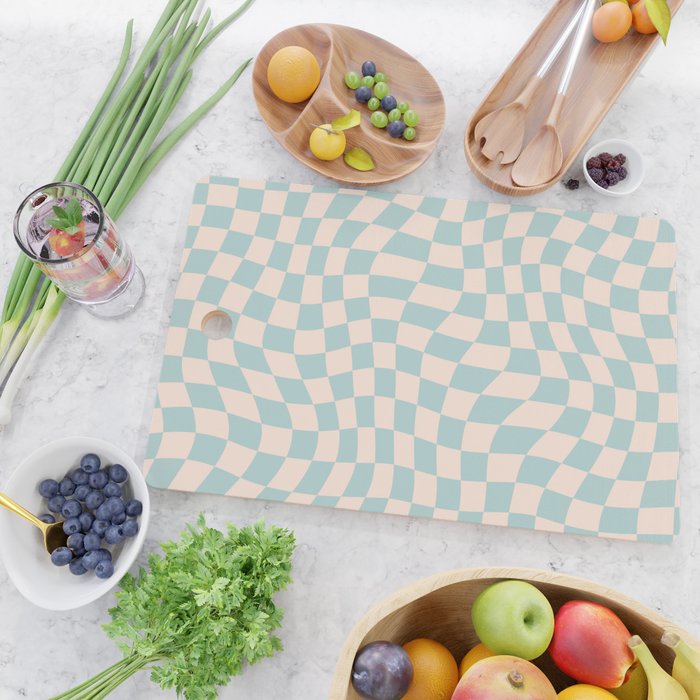 Retro Danish Pastel Light Blue Warped Checkerboard Cutting Board Gallery Image 2