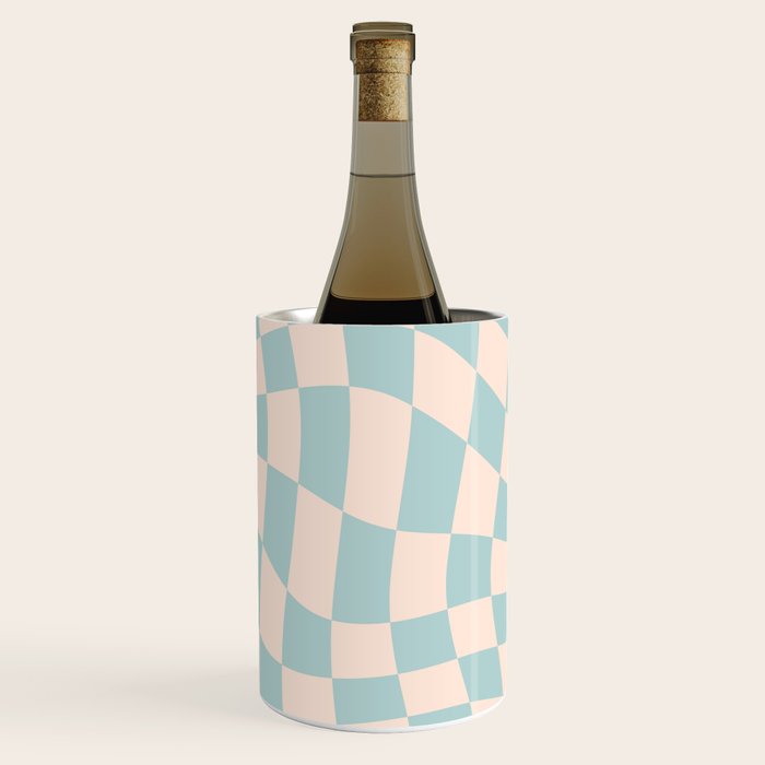 Retro Danish Pastel Light Blue Warped Checkerboard Wine Chiller Gallery Image 3