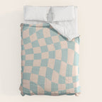 Retro Danish Pastel Light Blue Warped Checkerboard Comforter Gallery Image 6