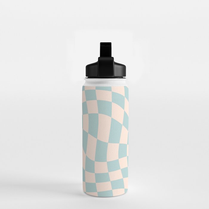 Retro Danish Pastel Light Blue Warped Checkerboard Water Bottle Gallery Image 2