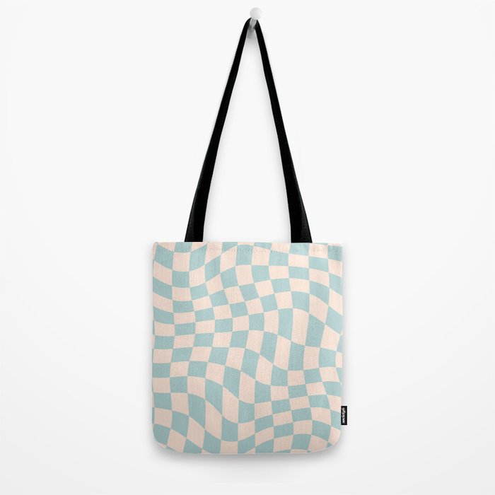 Retro Danish Pastel Light Blue Warped Checkerboard Tote Bag Gallery Image 2