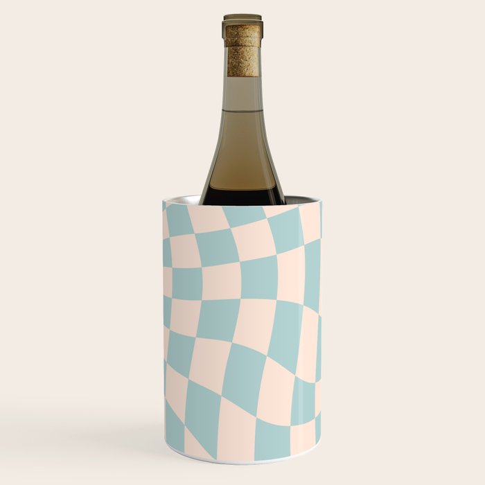 Retro Danish Pastel Light Blue Warped Checkerboard Wine Chiller Gallery Image 1