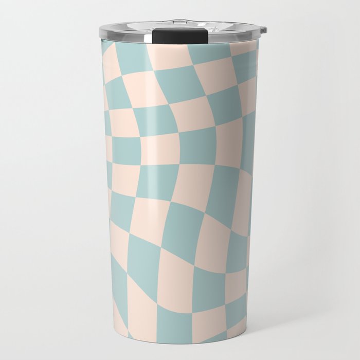 Retro Danish Pastel Light Blue Warped Checkerboard Travel Mug Gallery Image 1