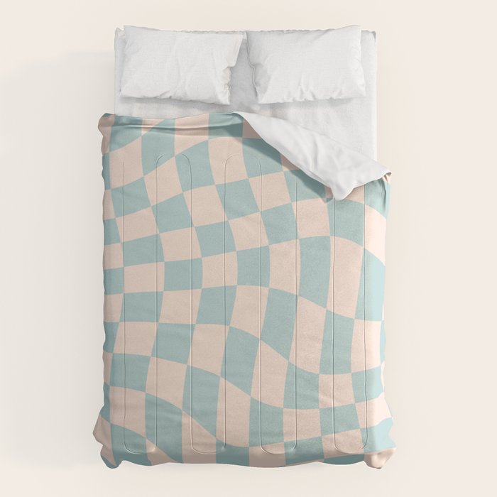 Retro Danish Pastel Light Blue Warped Checkerboard Comforter Gallery Image 1
