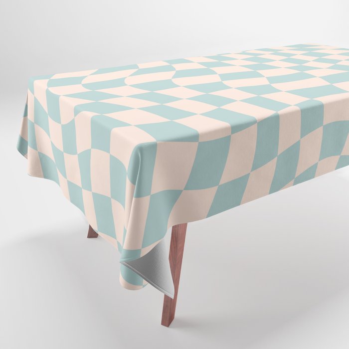 Retro Danish Pastel Light Blue Warped Checkerboard Tablecloth Gallery Image 1