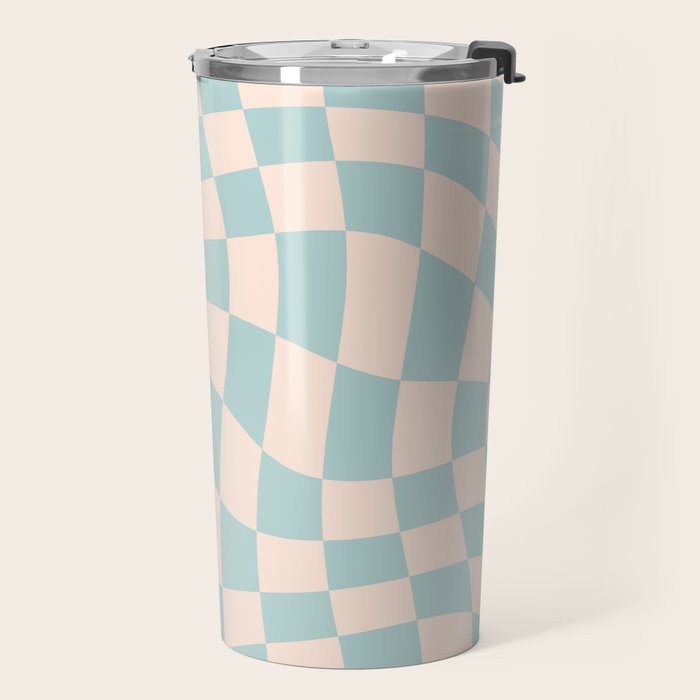 Retro Danish Pastel Light Blue Warped Checkerboard Travel Mug Gallery Image 2