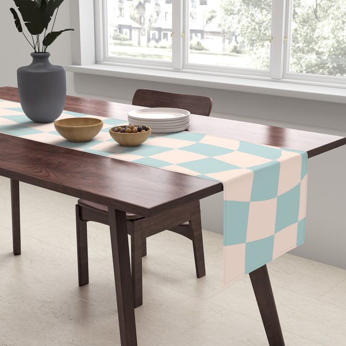 Retro Danish Pastel Light Blue Warped Checkerboard Table Runner Gallery Image 2