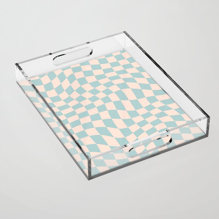 Retro Danish Pastel Light Blue Warped Checkerboard Acrylic Tray Gallery Image 1