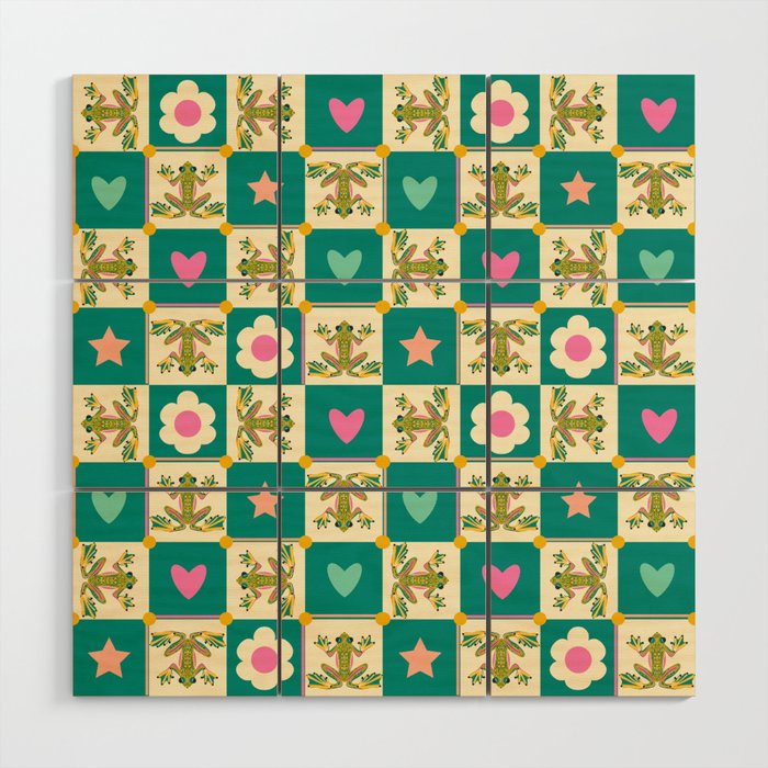 Charming Frogs & Florals: Whimsical Nature-Inspired Pattern Wood Wall Art Gallery Image 1